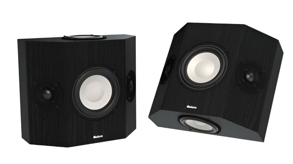 Pair of black speakers on a white background