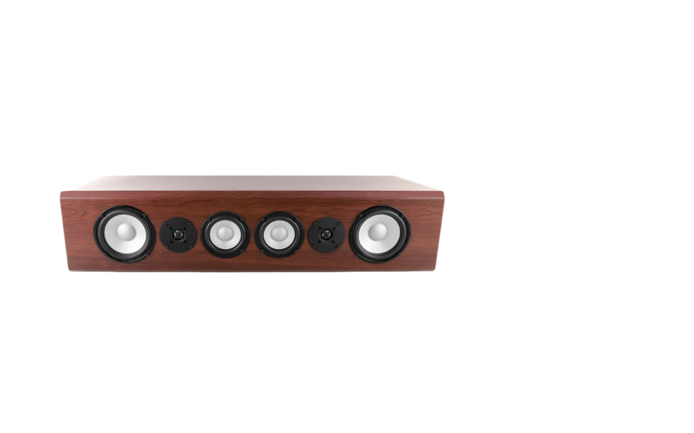 Wooden speaker with five circular speakers on a white background displayed on a computer screen.