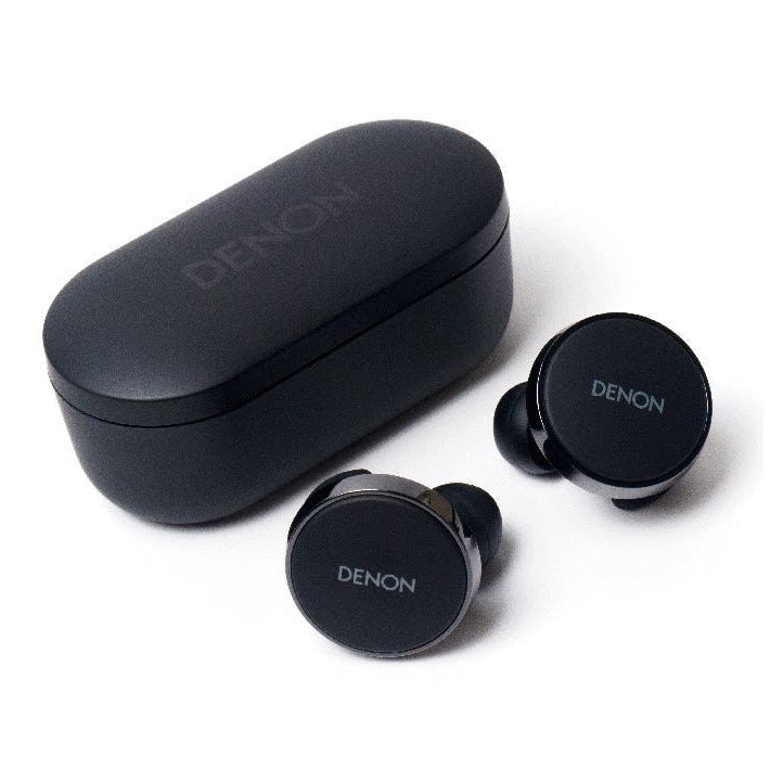 Black DENON true wireless earbuds with their matching charging case 
