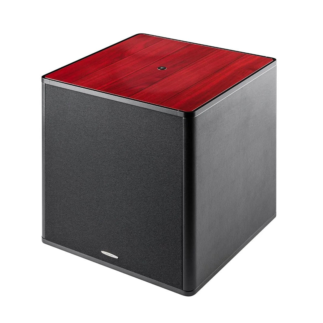 Black cube-shaped speaker with wooden top on a white background